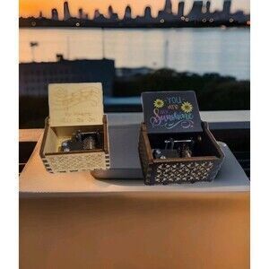 (2) Wooden Hand Cranked Mini Music Boxes Heart Will Go On & Sunshine 2x2.5x1.5”